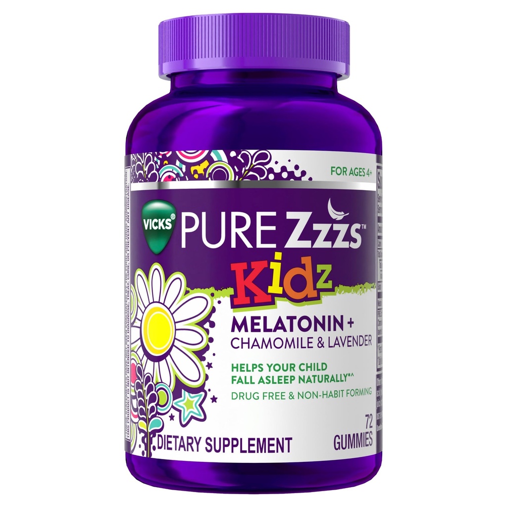 PURE Zzzs Kidz, Kids Melatonine Gummy, slaaphulp, lage hoeveelheid Melatonine voor kinderen, met kamille en Lavendel, Melatonine 1 mg, Melatonine Gummies Kids, Berry Flavored, 72 Slaap Gummies