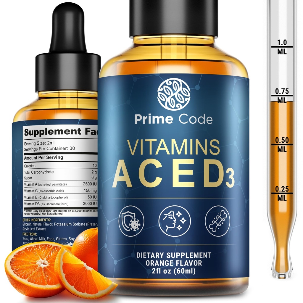 Prime Code Liquid Vitamin A Supplement for Women & Men with Vitamin C E and D3, Vitamin A C E D3 Drops for Adults, Non-GMO, Faster Absorption & Immune Support, Natural Orange Flavor Drops