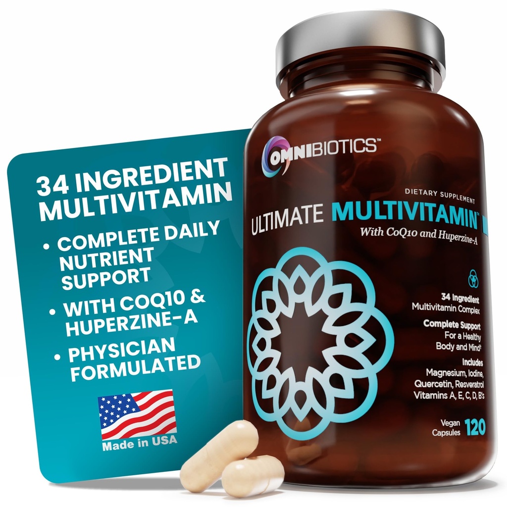 Multivitamine quotidienne ultime Omnibiotics pour les femmes et les hommes – 34 ingrédients essentiels incluant la vitamine A, C, D, E, B6, B12, Biotine, Zinc – 120 capsules végétaliennes