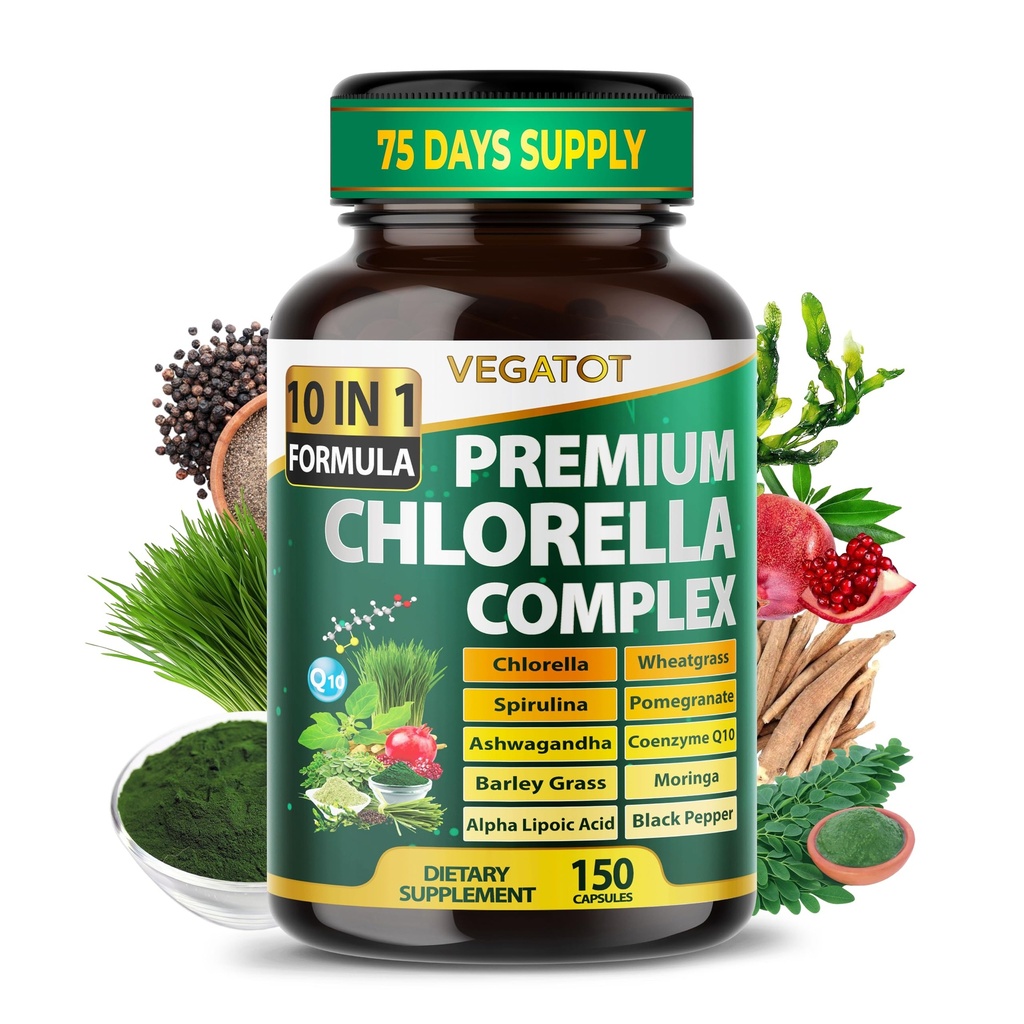 Premium Organic Chlorella Complex 10-in-1 Formula with Spirulina, Wheatgrass, Moringa, CoQ10 & Ashwagandha – Supports Natural Energy & Antioxidant Balance – 150 Capsules
