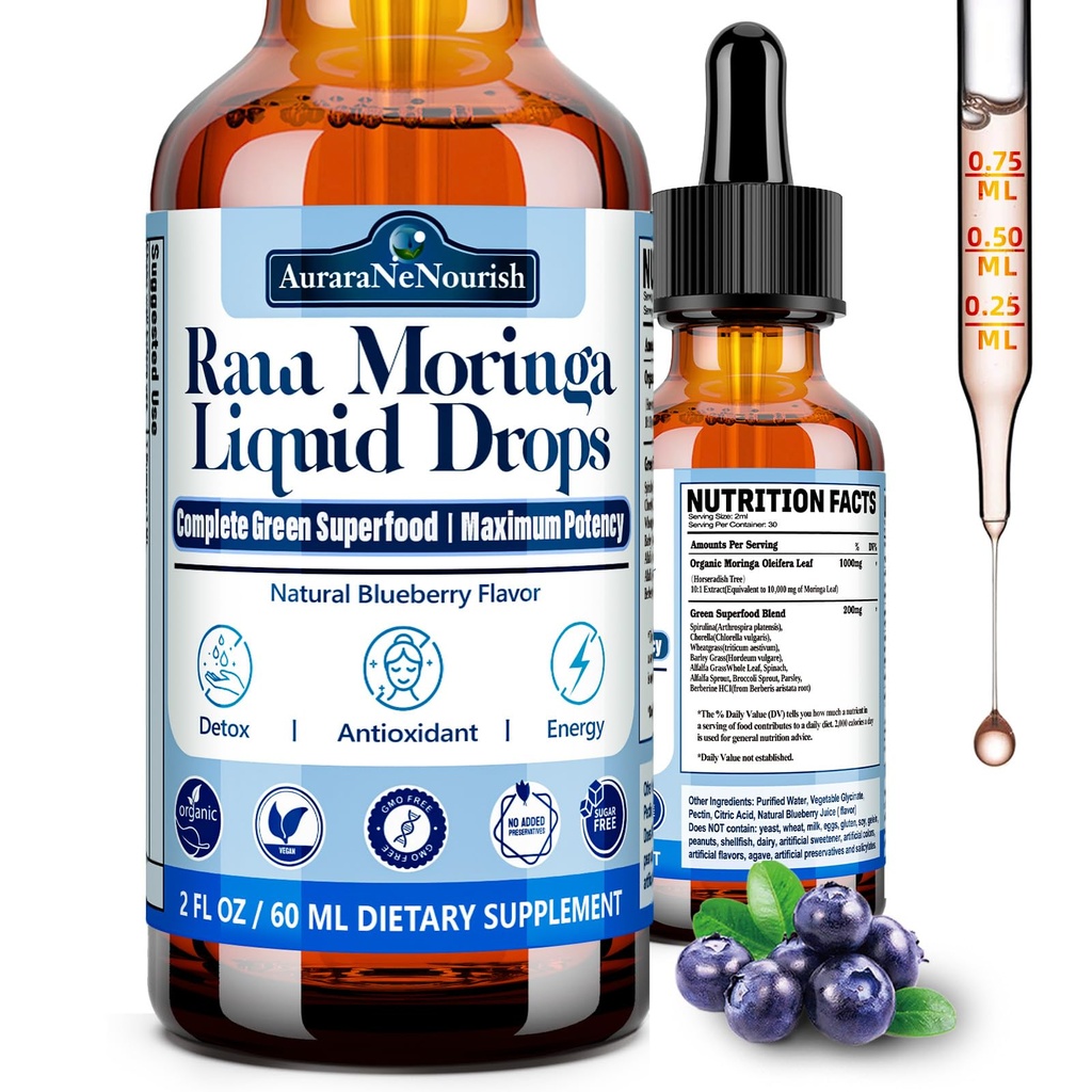 Pure Moringa Organic Oleifera Leaf Liquid Drops, 10:1 Extract Green Superfood Antioxidant Blend of Spirulina Wheat & Barley Grass, Better Absorption Than Moringa Capsules Powder Oil for Energy Immune
