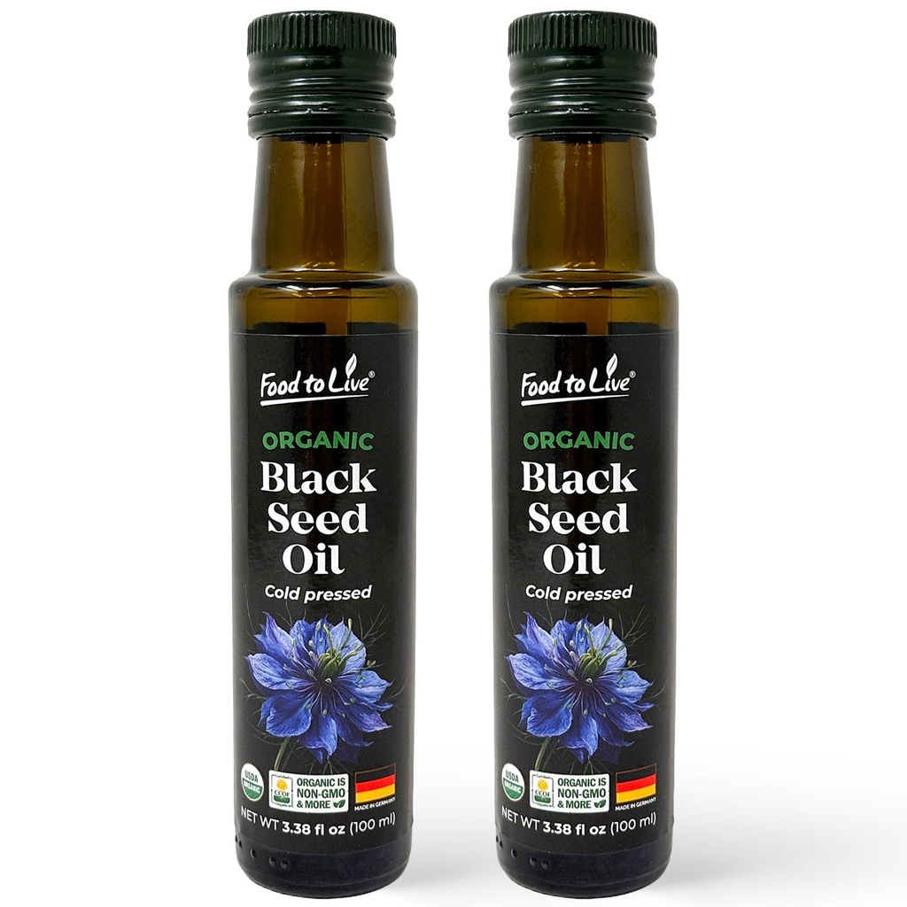 Food to Live Organic Black Seed Oil, 3.38 fl oz (100ml) – Cold-Pressed Nigella Sativa. Black Cumin Seed Oil. Non-GMO. Glass Bottle. Vegan (Pack of 2)