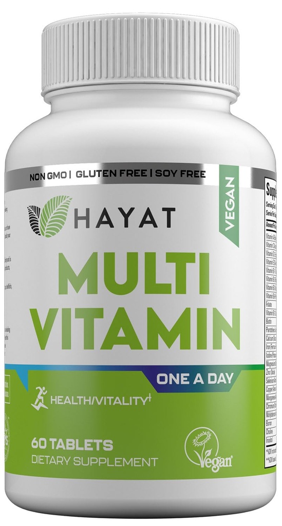HAYAT Vitaminen Vegan Natural Multivitamine, Dagelijkse Vitaminen met Vitamine A, C, D, E, B1, B2, B3, B6, B12, Biotin, Zink en Meer, 2 Maand Supply, Alle Natuurlijke, Gecertificeerde Halal, 60 Tablets, Made in The USA