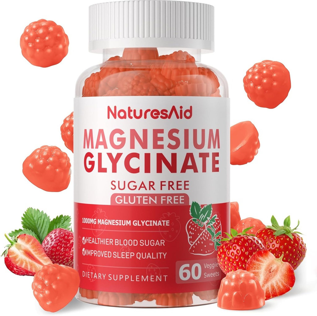 Magnesium Glycinate Gummies 1000mg - Suikervrij Magnesium Kalium Supplement met Vitamine D, B6, CoQ10 voor Kalm Mood & Slaap Ondersteuning - 60 Strawberry Gummies -1 Pack
