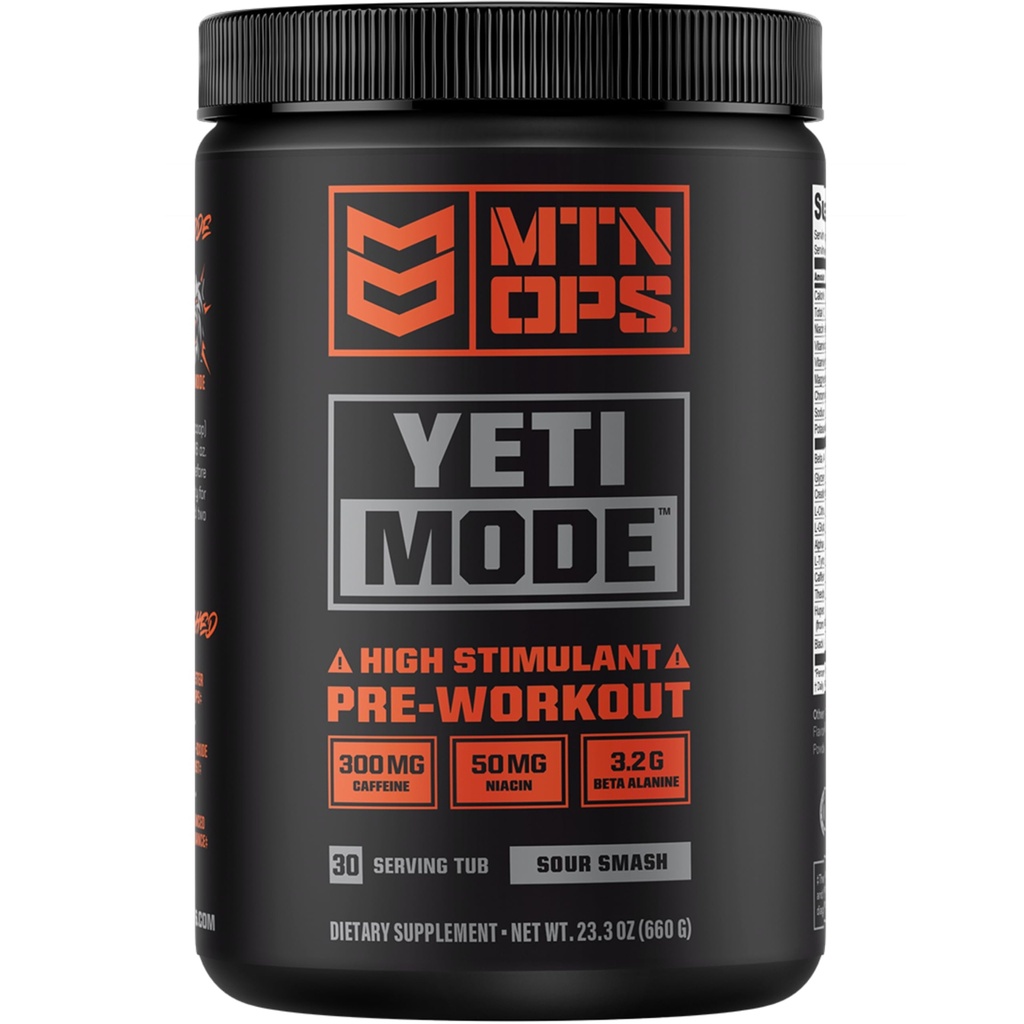 MTN OPS Yeti Mode Pre-Workout Powder - Explosive High-Stimulant with 300mg Caffeine, Creatine Monohydrate, Beta-Alanine, and 45mg Niacin - Sour Smash Flavor in 30 Serving Tub