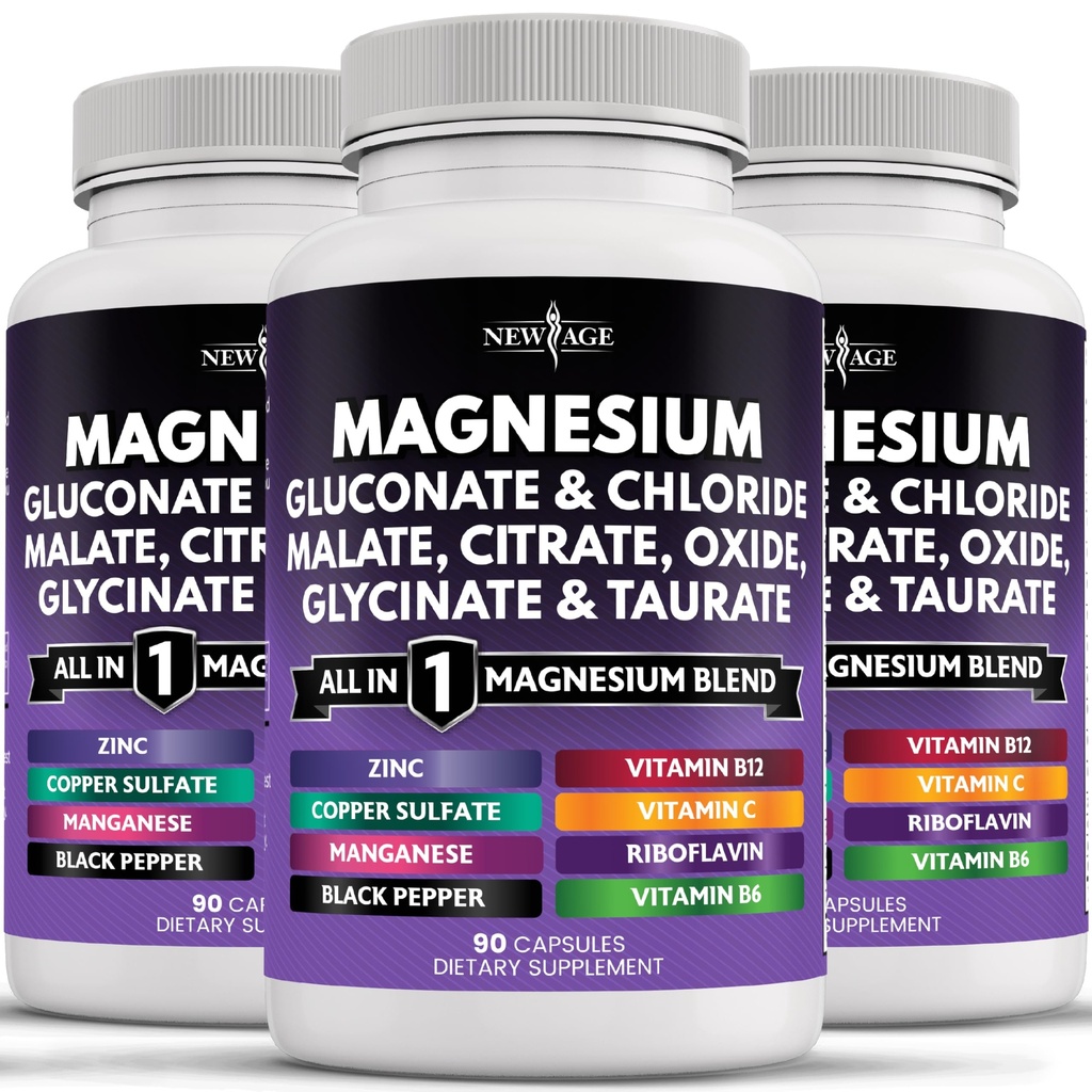 NIEUWE AGE Magnesium Supplement - Krachtige Glycinate Citrate Malate Oxide Taurate Aspartate Gluconate Orotate & Mag Chloride Mangaan Bot gezondheid en botsterkte, gezamenlijke ondersteuning 270 Tel.