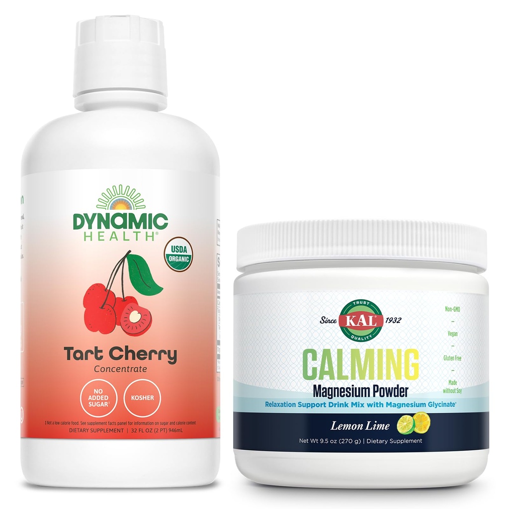 Dynamic Health Organic Tart Cherry and KAL Calming Magnesium Powder - Unsweetened 100% Juice Concentrate and Lemon Lime Flavor Magnesium Supplement - 31 Servings, 32oz and 40 Servings, 9.5 OZ