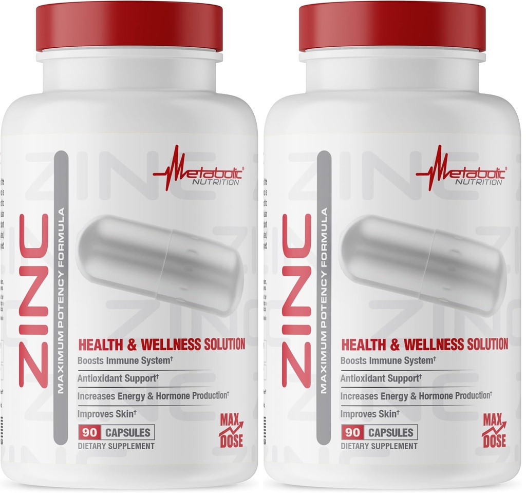 Zinc Supplement by Metabolic Nutrition, 75mg, 90 Zinc Capsules, Supports Immune System Function w/Zinc Oxide (Pack of 2)