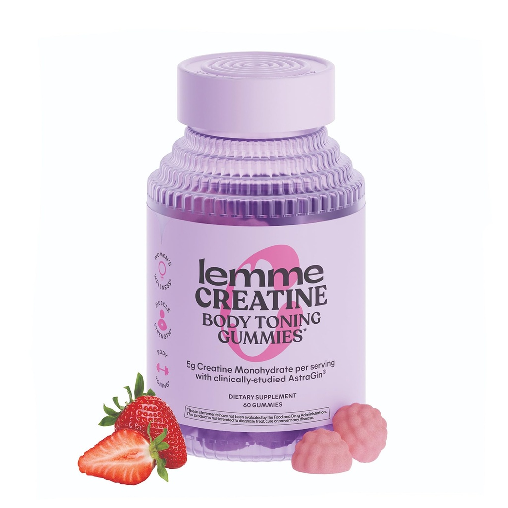 Lemme Creatine Monohydraat Gummy's voor vrouwen en mannen, 5g dosis ter ondersteuning van spiermassa, kracht, herstel, cognitieve gezondheid, w/Ginseng voor absorptie, Zure aardbei, NSF gecertificeerd, 60 Gummies