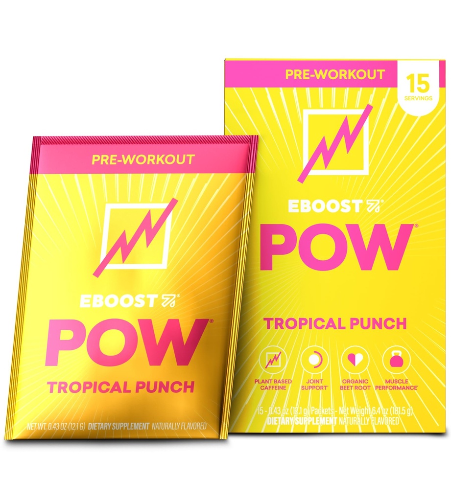 EBOOST POW Poudre pré-entraînement naturelle - 15 packets, Tropical Punch - Pré-entraînement Energy Booster Gym Supplément boisson mélange pour les hommes et les femmes - Performance, Joint Mobility Support - Sans gluten