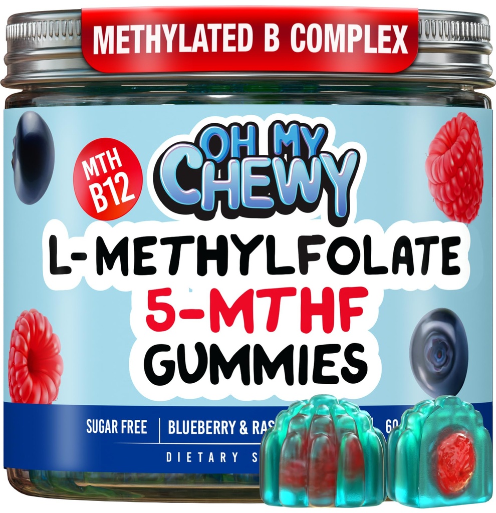 OH MY CHEWY Gummées 5-MTHF à folate de L-méthylfolate - Vitamines MTHFR sans sucre B avec cofacteur méthylé B1, B6 et B12 - Mood, Behavior, Cognition - 60 Compte