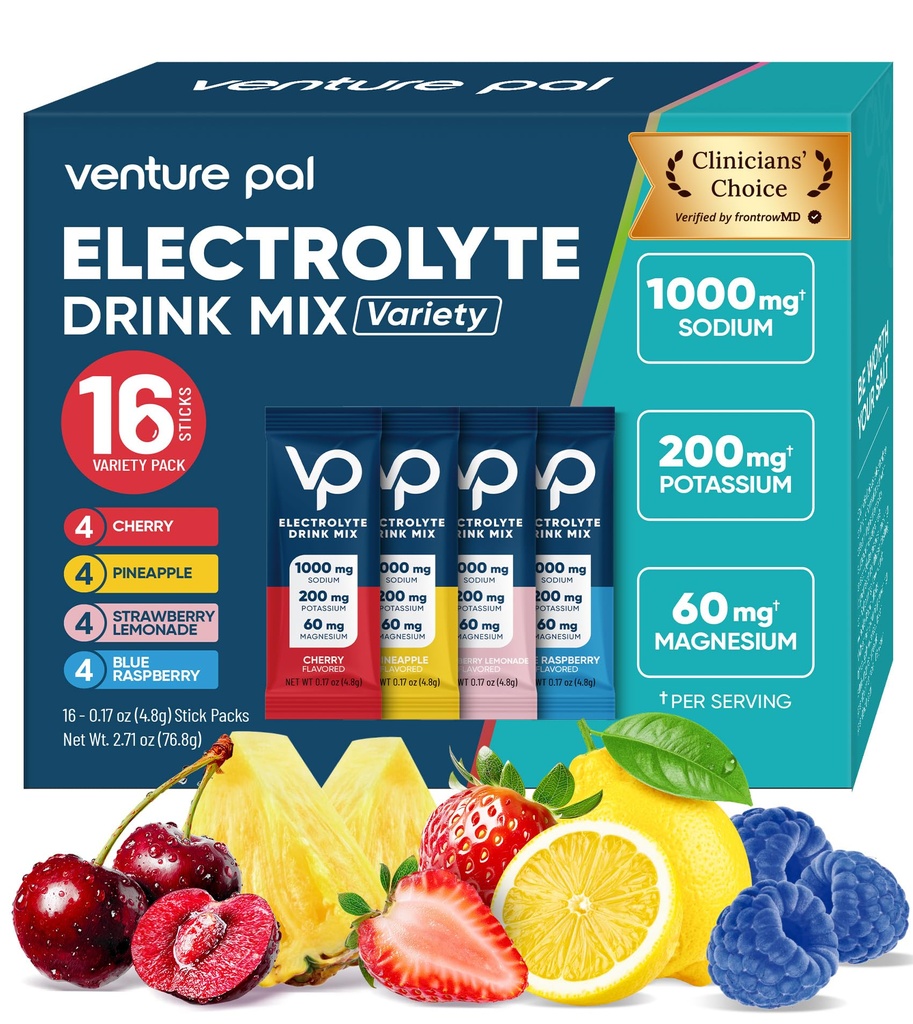 Venture Pal High Sodium Sugar Free Electrolytes Powder Packet, Zero Calories Hydration Packets with Vitamin, Sodium, Potassium & Magnesium, Electrolyte Drink Mix, Vegan, Keto Friendly, 16 Count