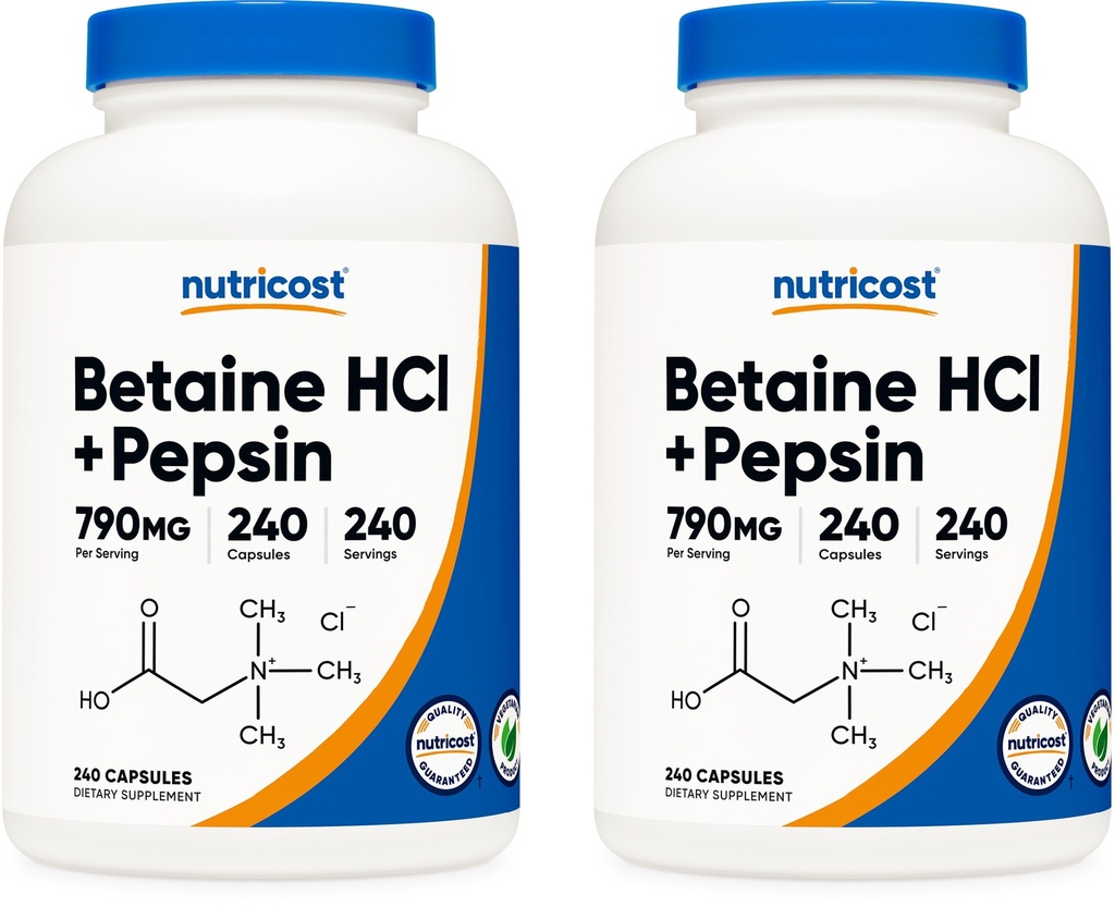 Nutricost Betaine HCl + Pepsin 790mg, 240 Capsules, 2 Flessen (480 Capsules)