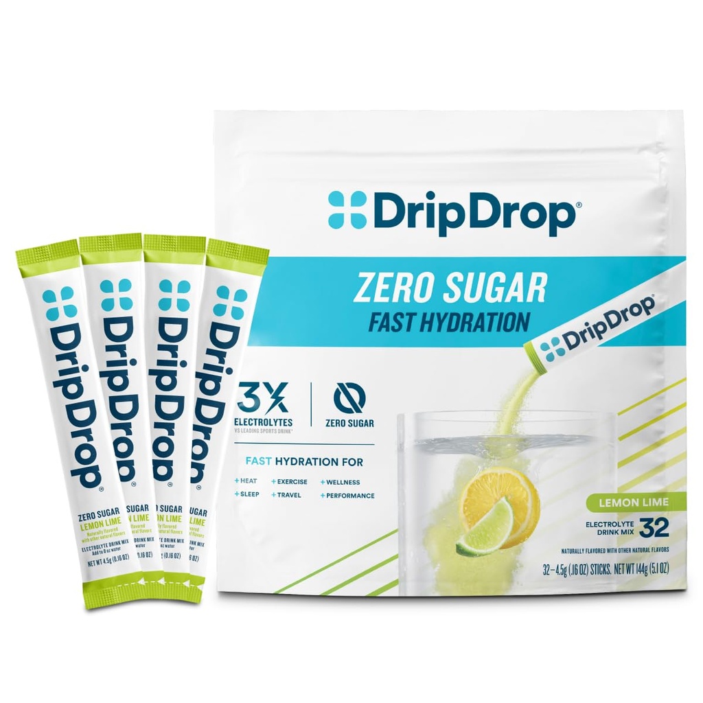 DripDrop Sugar Free Hydration Packets - Zero Lemon Lime - Single Serve Electrolytes Powder Drink Mix - Non-GMO, Gluten Free, Vegan - 32 Sticks