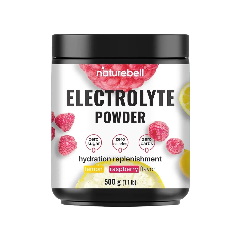 NatureBell Electrolytes Powder - 500 g - Hydration Support with Essential Minerals - Energy & Muscle Health Support* - Sugar-Free & Keto-Friendly - Easily Mixable Powder - Lemon & Raspberry Flavor