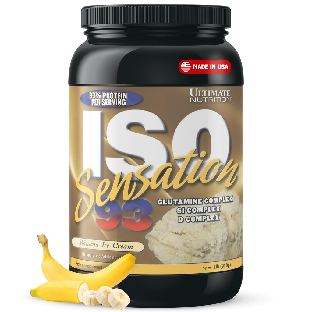 Ultimate Nutrition Wei Protein Isolaat Poeder met Glutamine Complex, ISO Sensation 93 - Wei Proteïne Poeder met Toegevoegd Colostrum voor verbeterd herstel, Immuniteit & Gut Health - Banana, 2lbs