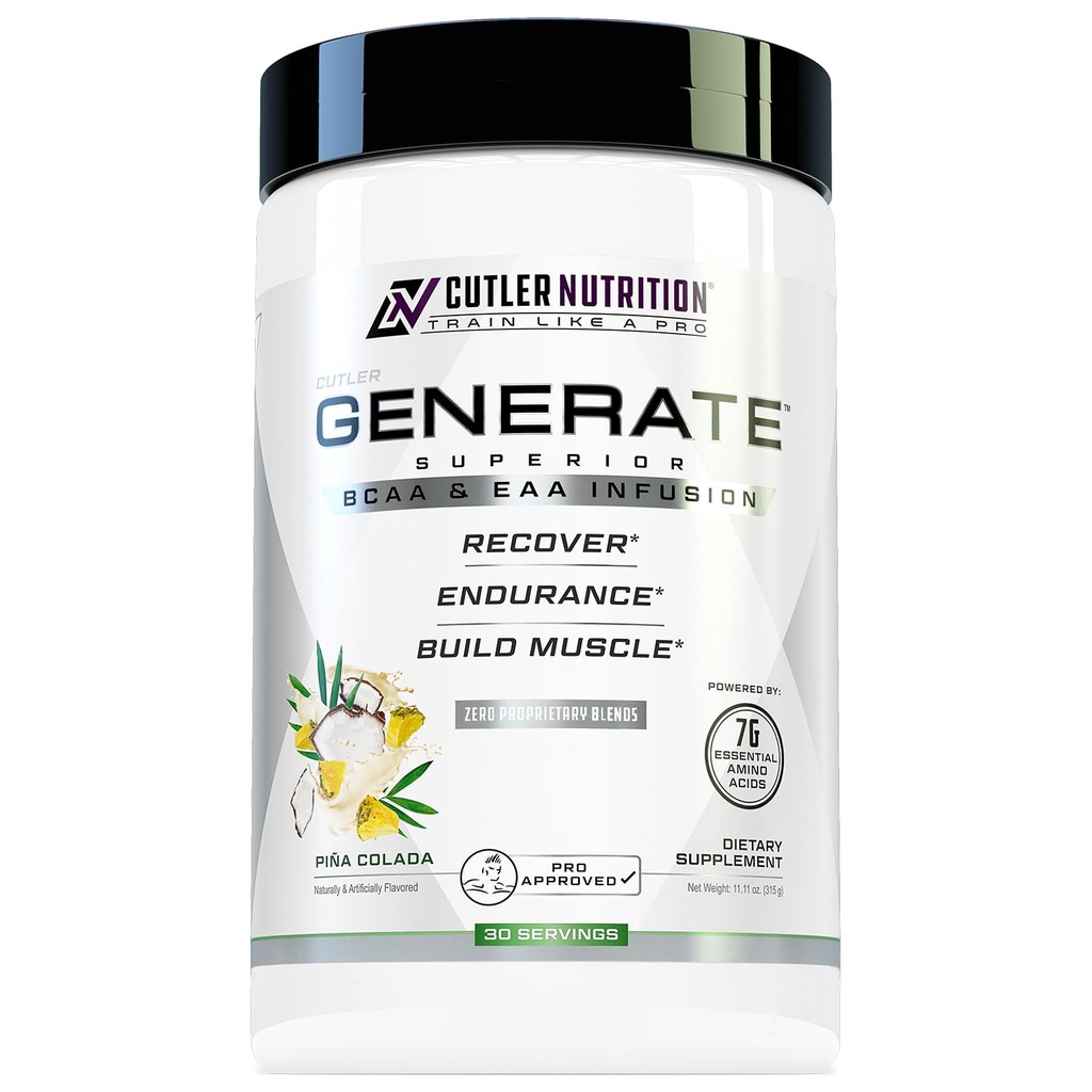 Cutler Nutrition Generate EAA and BCAA Powder: Best Branched Chain Amino Acids Supplement with Essential Amino Acids, 5g BCAAs, 2g EAAs for Lean Muscle Mass Pina Colada, 30 Servings