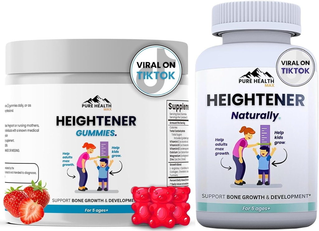 Heightener Capsules + Heightener Gummies - Natural Height Growth Supplement voor kinderen, tieners en volwassenen om de botsterkte te verhogen en te groeien Taller 