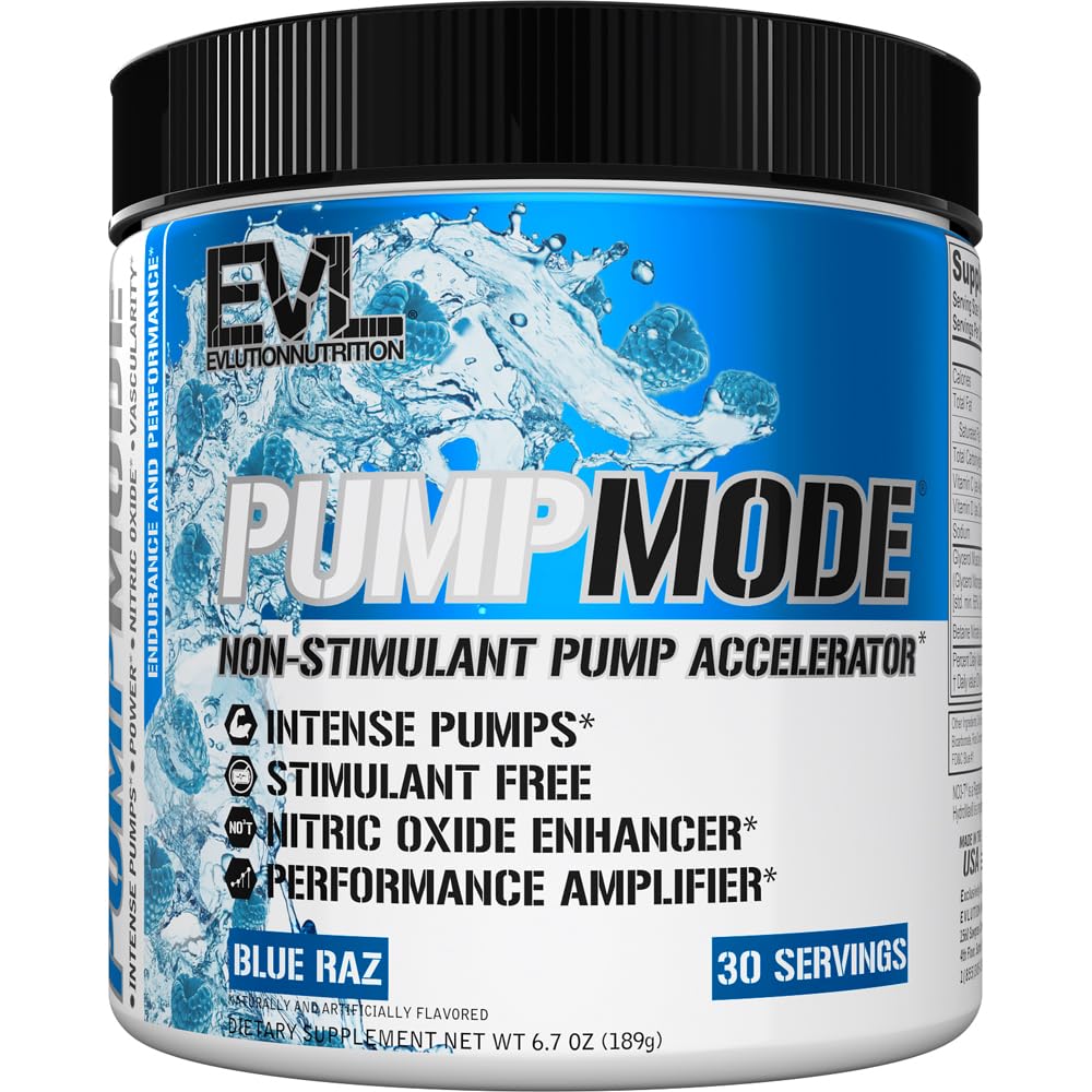 EVL PumpMode Nitric Oxidation Supplement - Nitric oxide Booster Pump Pre Workout Powder met Glycerol en Betaine voor spierherstel Groei en duurzaamheid - Stim Free Pre Workout Drink (Blue Raz)