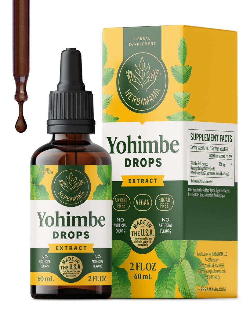 HERBAMAMA Yohimbe Supplementen voor mannen en vrouwen - Veganistische algemene ondersteuning met Yohimbe Bark Extract - Non-GMO, Alcohol & Sugar-Free Yohimbine Drops, 42-dagen levering
