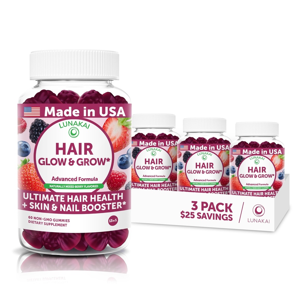Lunakai USA Made Super Hair Gummies with Biotin, Zinc, Horsetail Extract & Saw Palmetto - Hair Growth Vitamins for Women & Men – Supports Thicker, Longer, Stronger Tresses, Skin & Nails - 3 Pack