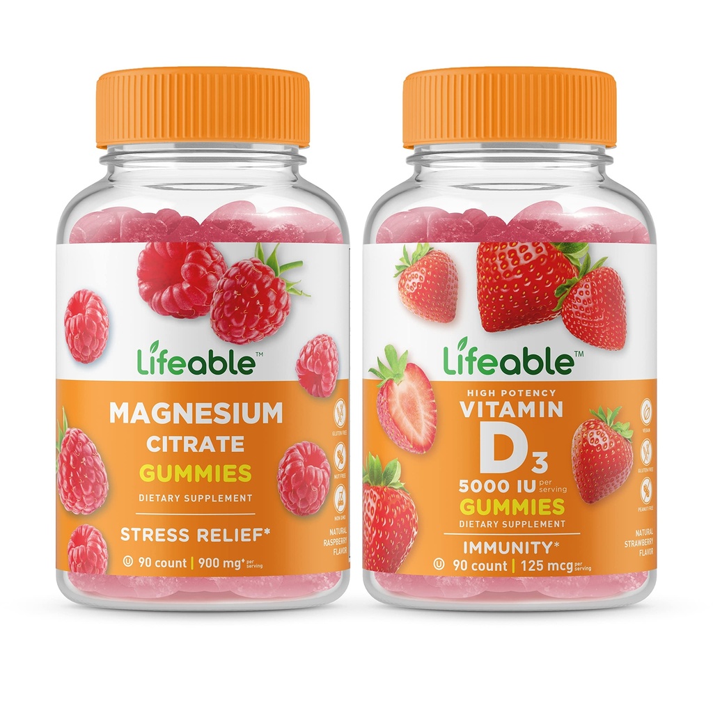 Levensvatbare Magnesium + Vitamine D 5000 IE, Gummies Bundle - Geweldige Proeverij, Vitaminesupplement, Glutenvrij, GGO-vrij, Kauwgom