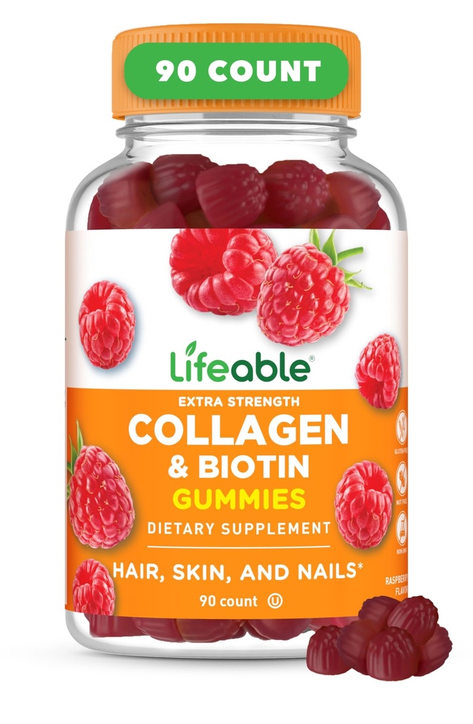 Lifeable Collagen Peptides Gummies 100mg | with 10000mcg Biotin | Great Tasting Biotin and Collagen Supplements | for Hair, Skin, and Nails | Collagen Gummies for Women, Men, Adults | 90 Gummies
