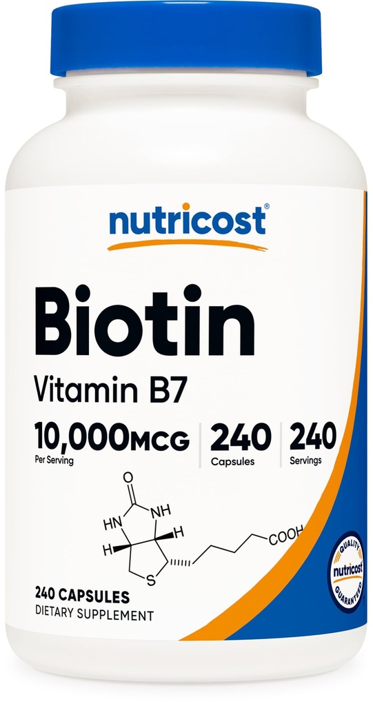 Nutricost Biotine (Vitamine B7) 10 000mg (10mg) Supplément de vitamine, 240 Capsules - Végétarien, Sans gluten, Libération rapide, Non-OGM