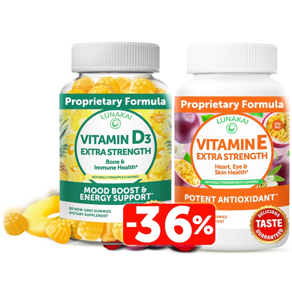 Lunakai Vitamin D3 and Vitamin E Gummies Bundle - Immunity, Bone and Mood Support Gummy - 250 mg 1000 iu Natural VIT E Plus C Supplements