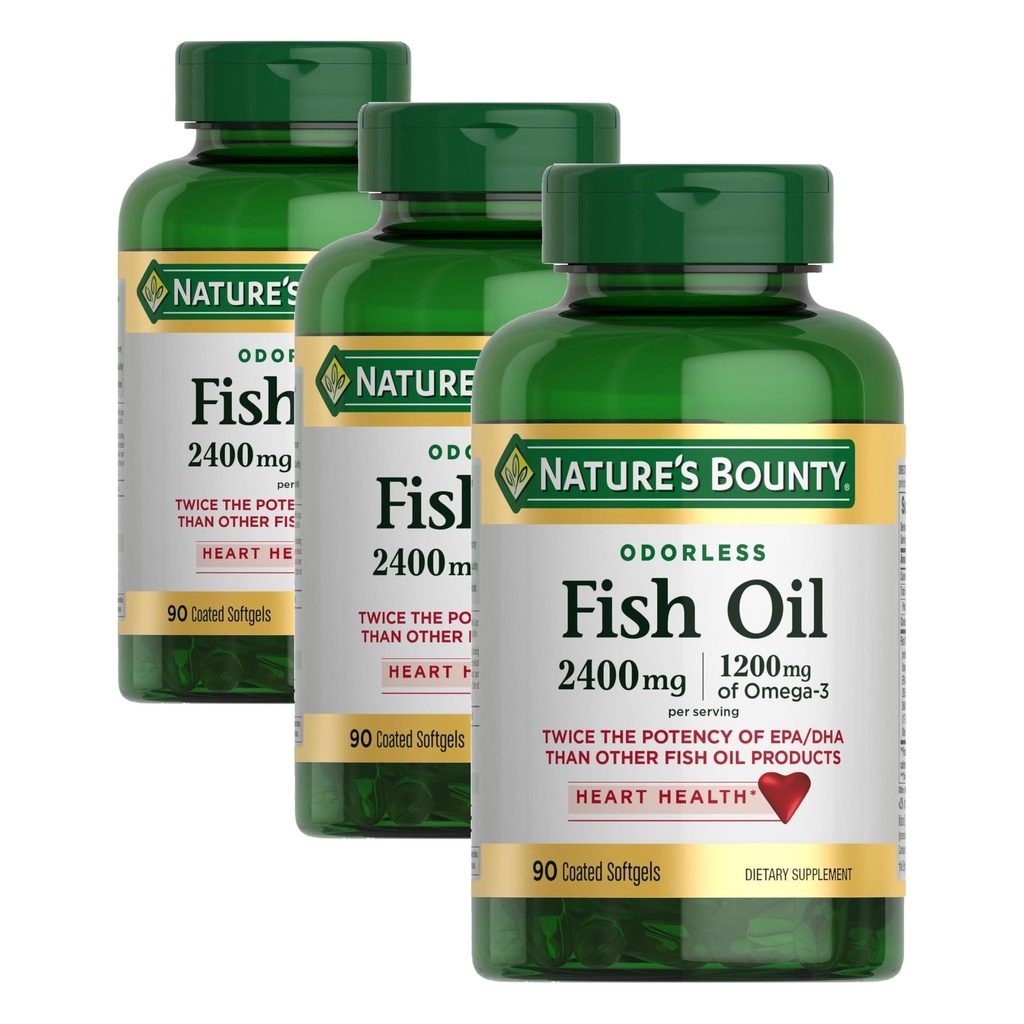 Huile de poisson sans odeur de la nature, 1200mg Oméga-3 par service, y compris EPA & DHA, soutient la santé cardiaque, purifié pour éliminer le mercure, softgels enduits, sans gluten, sans mollusques, 90 comte, (paquet de 3)