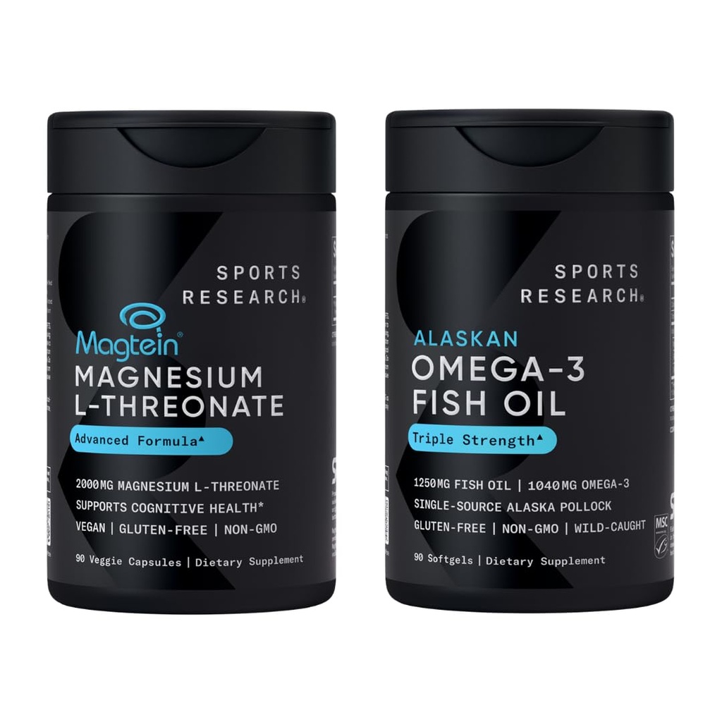 Sports Research® 90 Ct Cognitive Health Support Pack - Triple Strength Omega 3 Fish Oil EPA DHA Fatty Acids from Single-Source Wild Alaskan Pollock & Magtein Magnesium L-Threonate for Memory, Focus