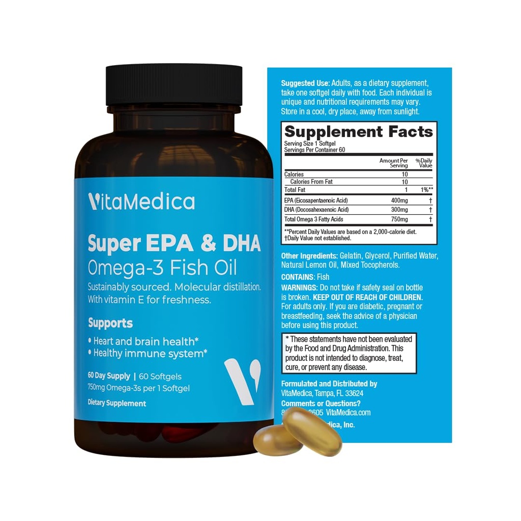 High-Potency, Super EPA/DHA Fish Oil 750mg van essentiële Omega-3 vetzuren . . . . . . . . hartgezondheid, hersenen gezondheid, immuunsysteem gezondheid