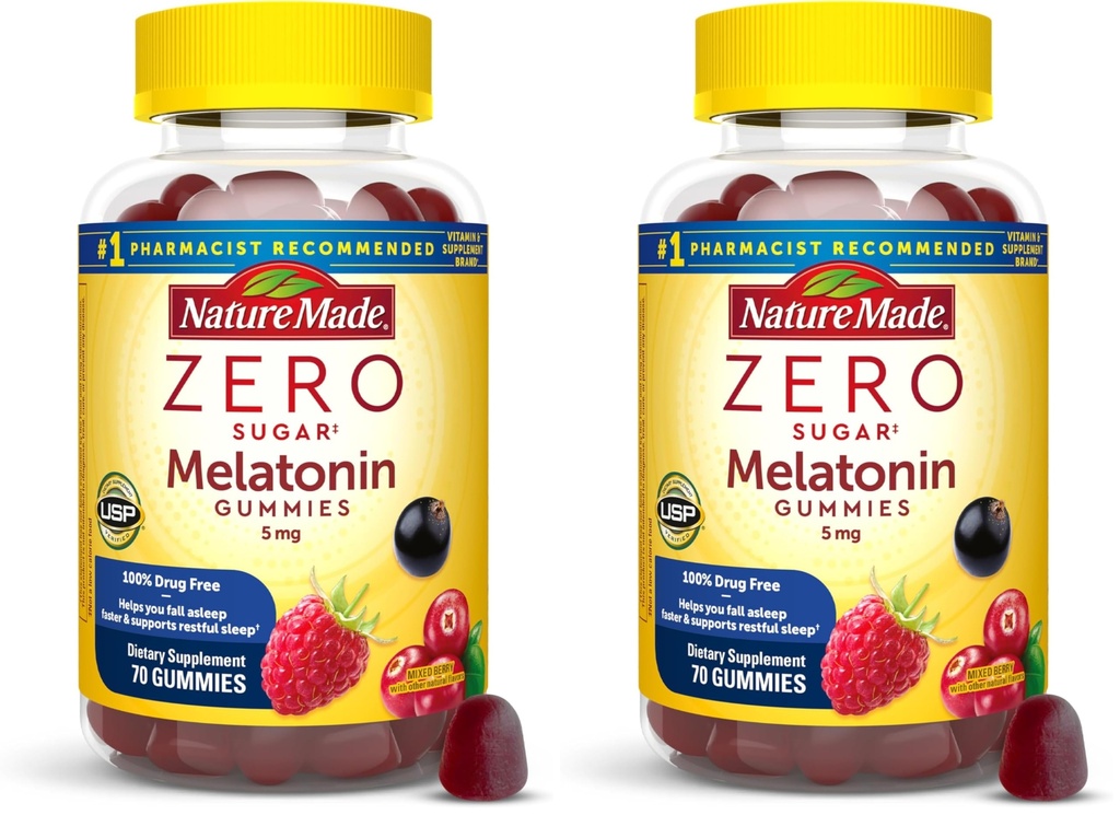Nature Made Zero Sugar Melatonin 5mg Sleeping Gummies for Adults Extra Strength,100% Drug & Aspartame Free,70 Sugar-Free Melatonin Gummies,70 Day Supply,(Pack of 2)