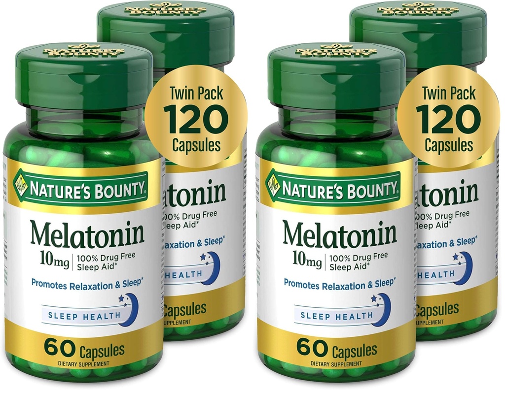 Mélatonine Bounty de la nature, favorise la relaxation et la santé du sommeil, 10mg, Capsules, 60 Ct (paquet de 4)