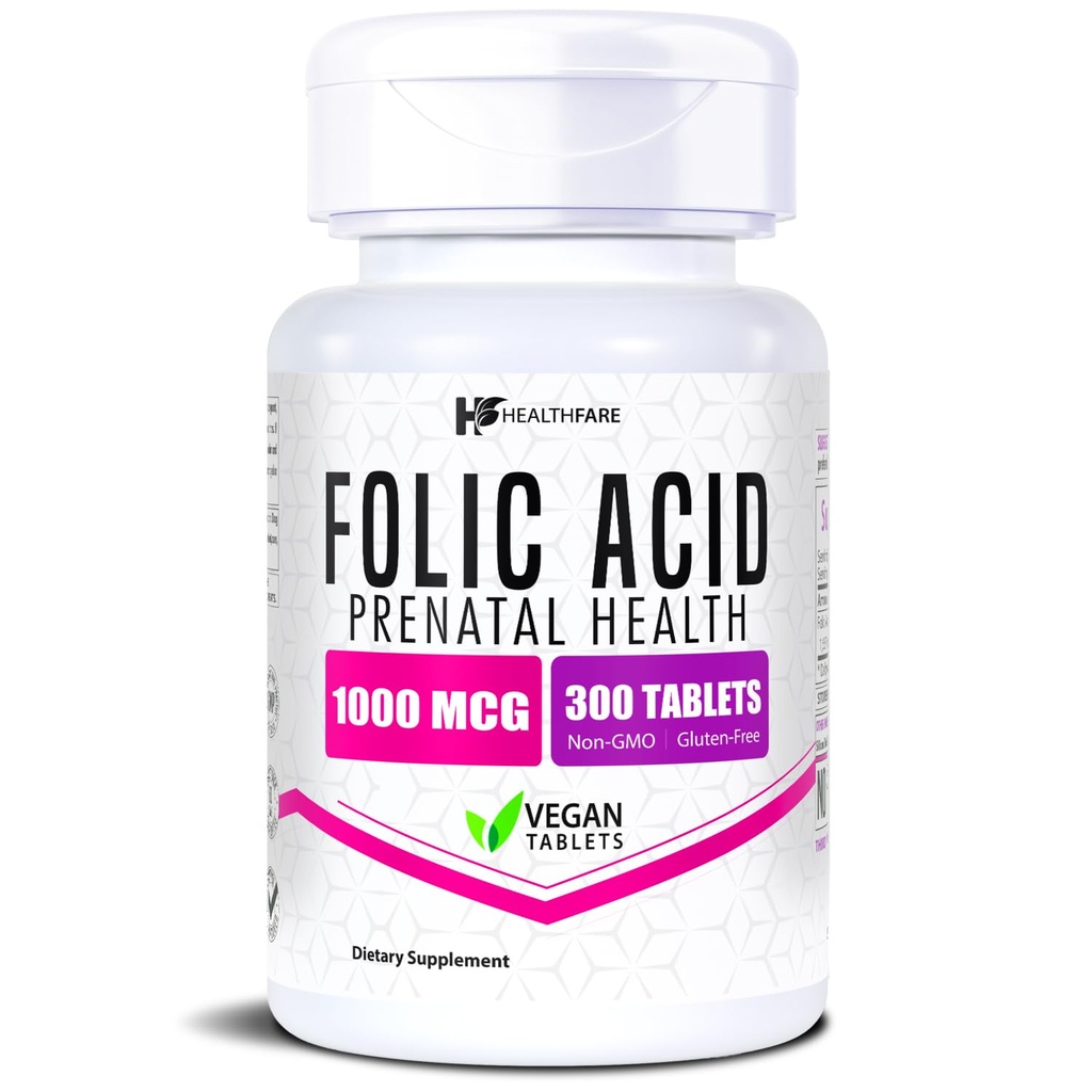 Santé Acide folique 1000mcg (300 comprimés de légumes) Vitamine B9 (sans gluten) Non-OGM (fabriqué aux États-Unis)