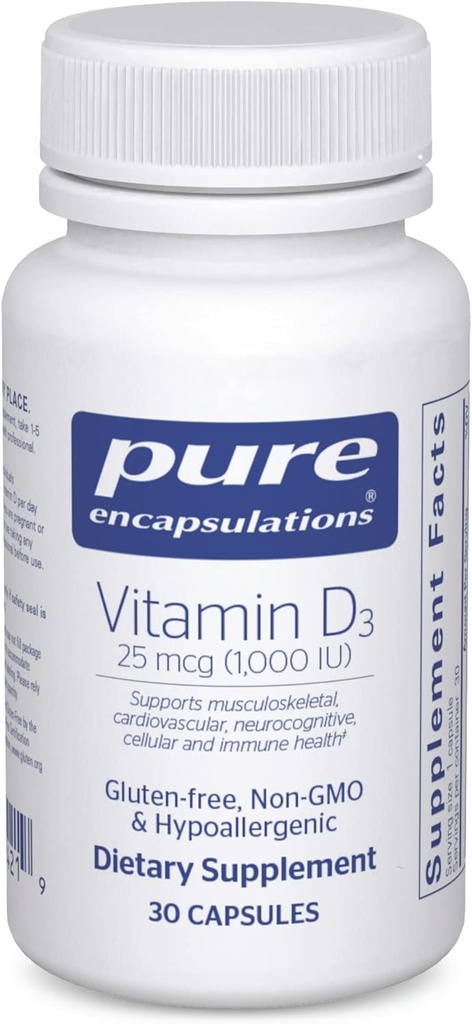 Pure Encapsulations Vitamine D3 25 mcg (1.000 IE) - Supplement ter ondersteuning van bot, gewrichts-, borst-, hart-, colon- en immuungezondheid - met premium vitamine D - 30 capsules