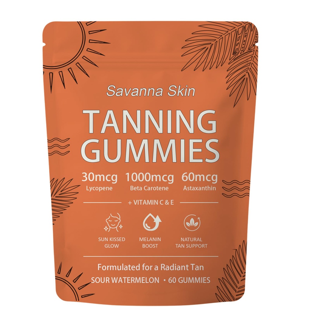 Savanna Skin Natural Tanning Gummies - Vitamin C & E, Astaxanthin & Beta Carotene for Radiant Glow & Hydration, Non-GMO Vegan Sugar-Free, 60 Count