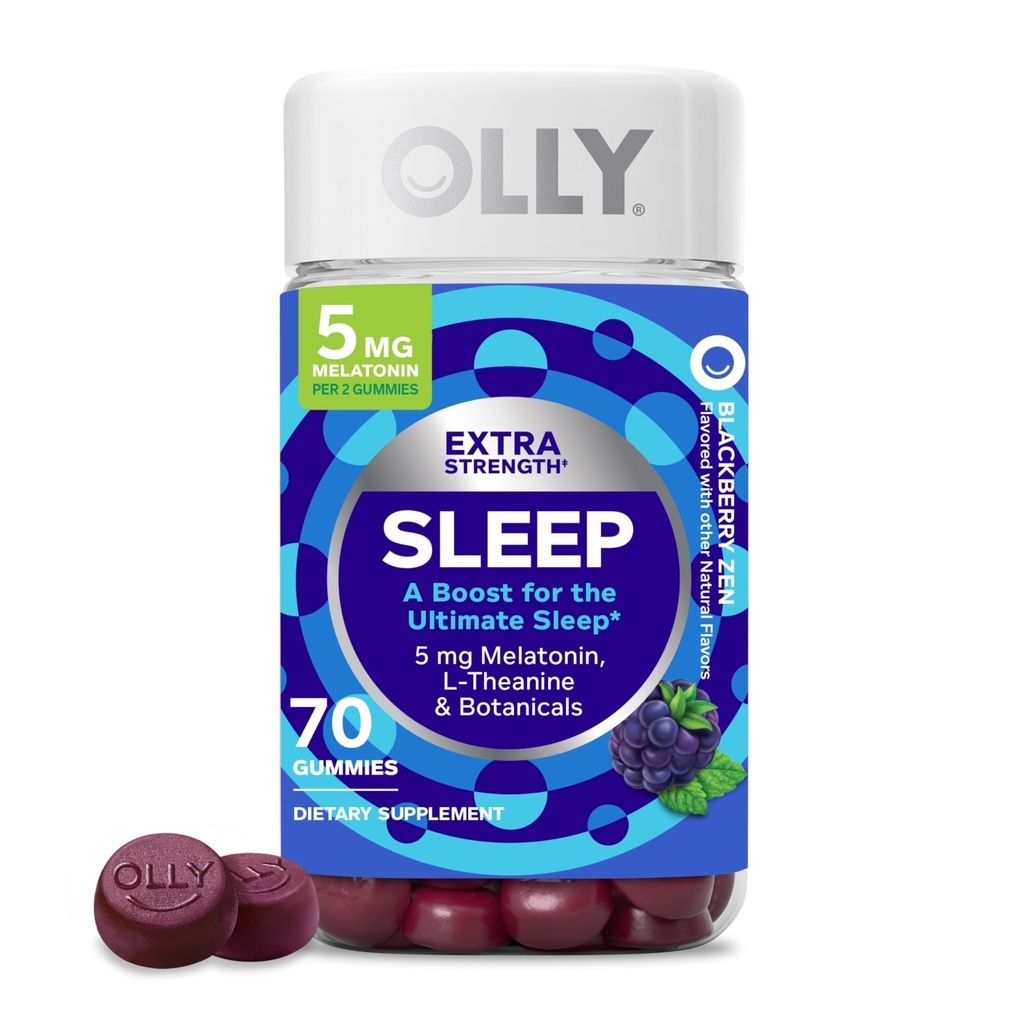 OLLY Extra sterkte Slaap Gummy, Occasional Slaap Ondersteuning, 5 mg Melatonine, L-Theanine, Kamille, Citroen Balsem Extracten, Slaaphulp, Blackberry Flavor - 70 Tellen (Verpakking mei Vary)