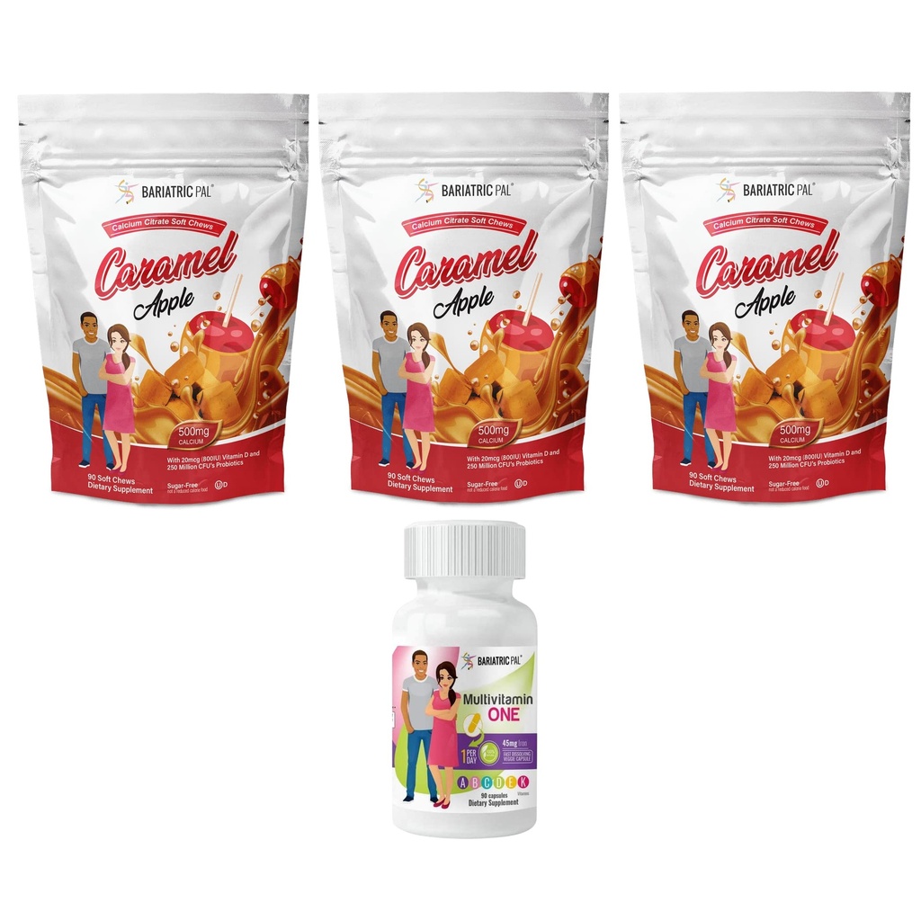 BariatricPal 90-Dag Bariatric Vitamine Bundle (Multivitamine ONE 1 per dag! Capsule met 45 mg ijzer en calcium citraat zachte kauwt 500 mg met Probiotica - Caramel Apple)