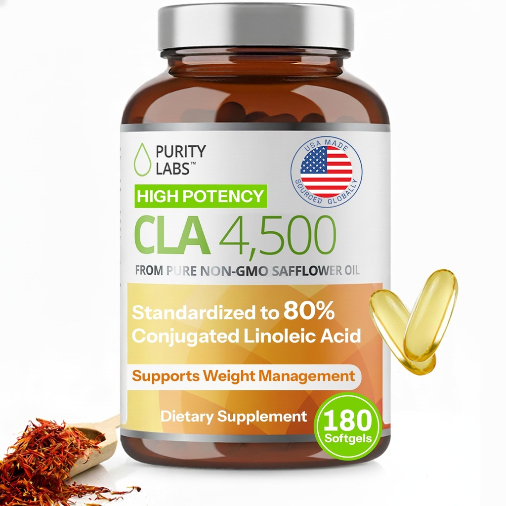 Zuiverheid Labs CLA Supplementen 4500MG - Niet-GMO Saffloerolie - Ondersteunt energie, gewichtsverlies, hartgezondheid en spiergezondheid - 180 Zachte gels