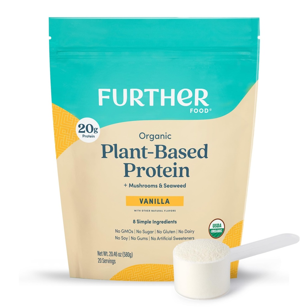 Verder voedsel Biologische Vegan Proteïne Poeder Vanille - 20 g plantaardige eiwitten, Organisch Proteïnepoeder met Paddestoelen & zeewier, Veganistisch, Niet GGO, Glutenvrij, Melkvrij 19.05 Oz