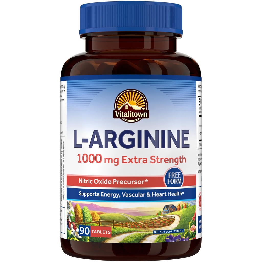 Vitalitown L-Arginine voor mannen & vrouwen, 1000 mg, Nitric Oxide Booster Supplementen, Geen Gluten, Non-GMO, Endurance, Training, Blood Flow Support, 90 tabletten