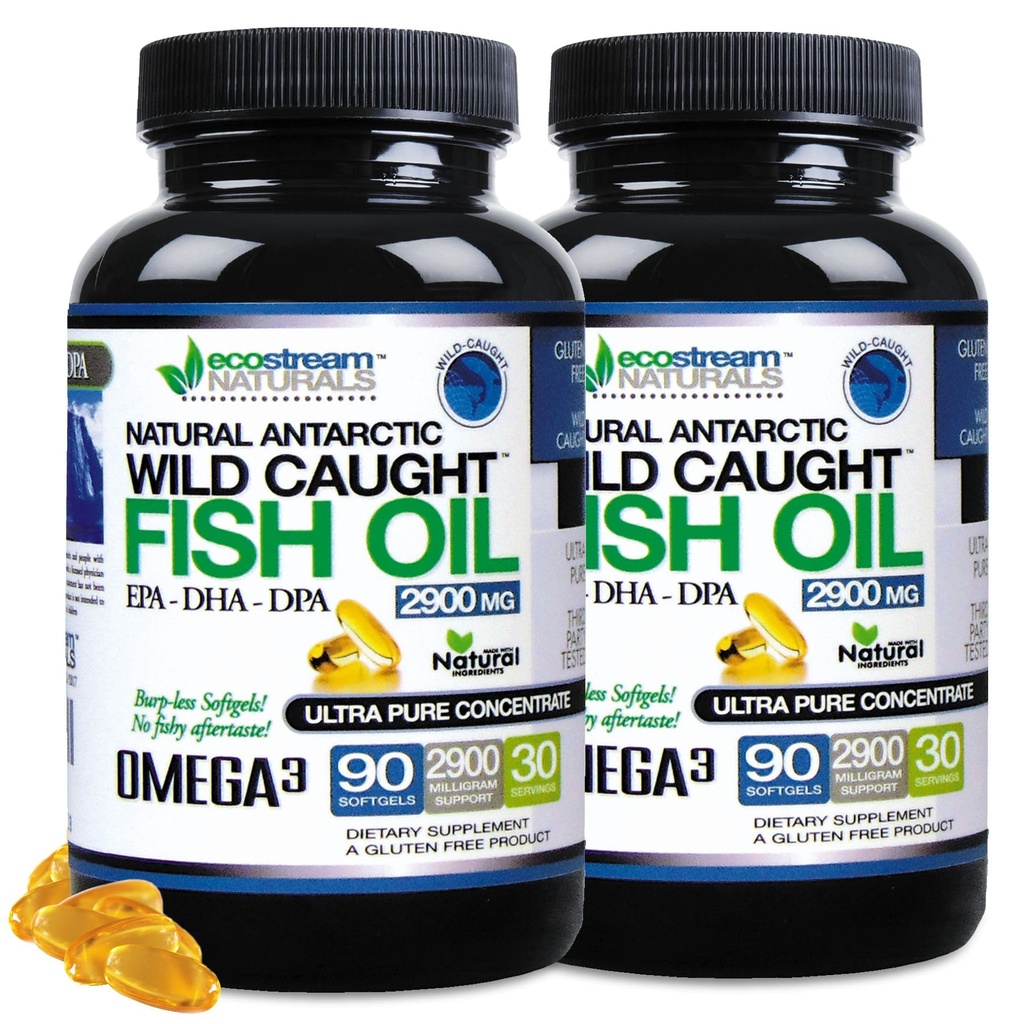 (Pack of 2) Natural Antarctic Wild Caught Omega 3 Fish Oil DPA-EPA-DHA Supplement 2.900 Milligrams Triple Strength Ultra Pure Concentrated SoftGels - No Fish Proef Burps