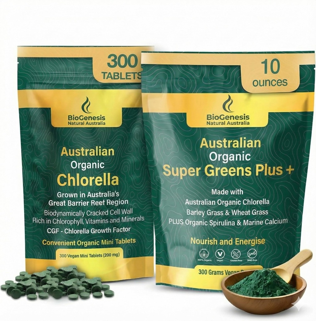 Biogenesis Organic Supergreens Kit – Australian Grown Chlorella Tablets (300ct) & Unflavored SuperGreens Powder (300g) – Complete Vegan Daily Green Blend for Immune System Support & Natural Energy