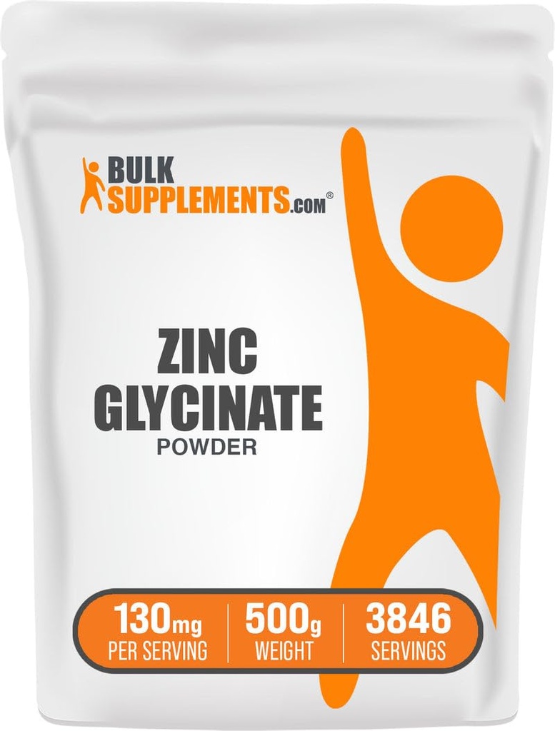 BulkSupplements.com Poudre de glycin de zinc - supplément de zinc, supplément minéral pour le support immunitaire - sans gluten, 130mg par portion, 500g (1,1 lb) (paquet de 1)