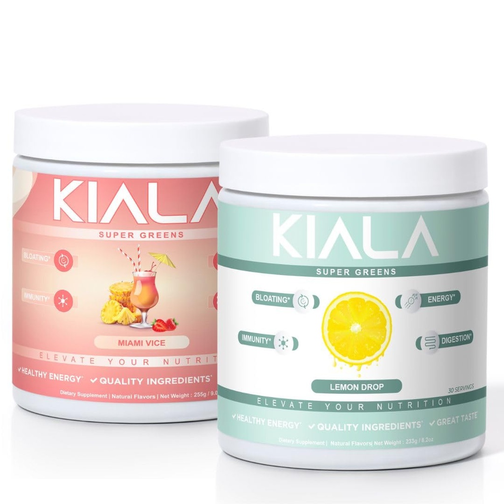 Kiala Nutrition Super Greens, Organic Greens Powder, Spirulina & Chlorella Superfood Powder, Sugar & Gluten Free Vegan, Spectra Blend, Miami Vice, Lemon Drop 2 Pack