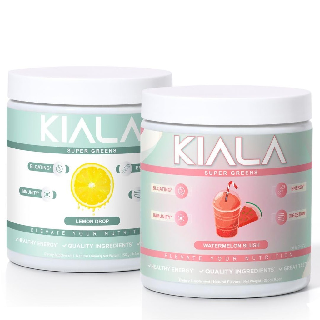 Kiala Nutrition Super Greens, Organic Greens Powder, Spirulina & Chlorella Superfood Powder Sugar & Gluten Free Vegan, Spectra Blend, Lemon Drop, Watermelon Slush 2 Pack