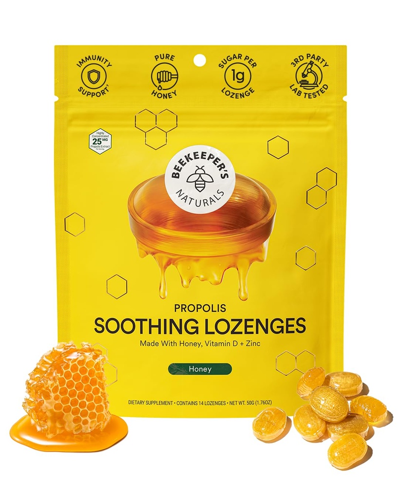 Bouchées de miel apaisantes - Support immunitaire avec vitamine D, zinc et propolis - par Beekeeper's Naturals - Gorges apaisantes, 14 Ct