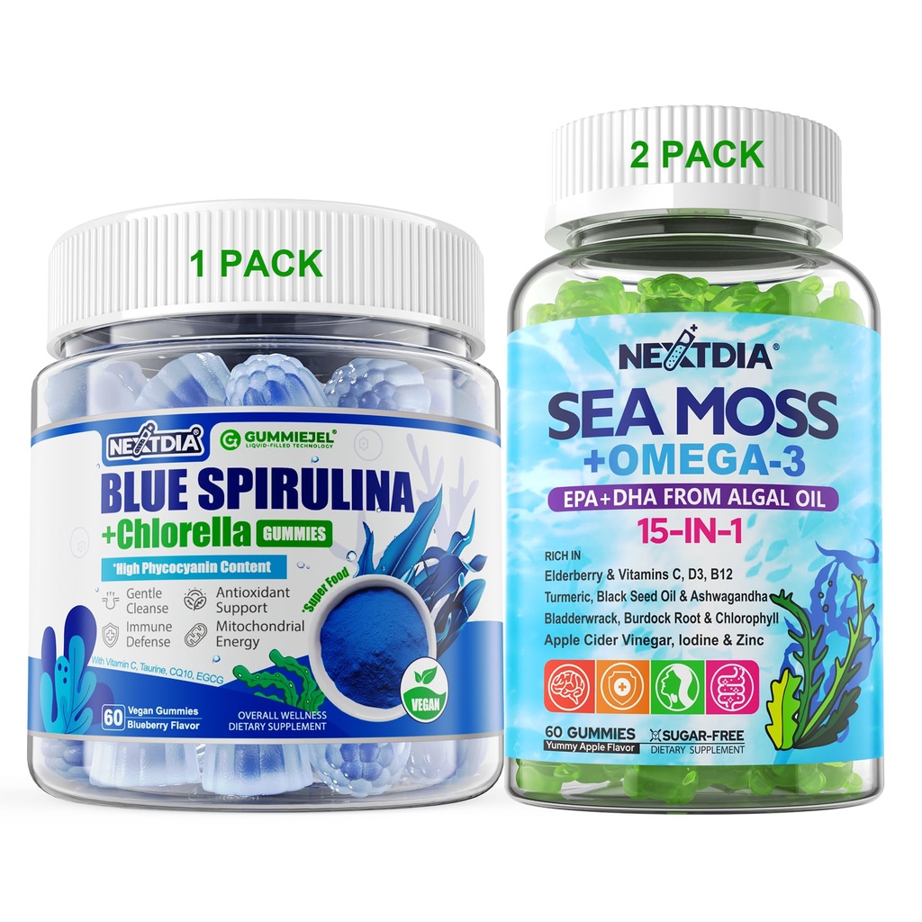 Nextdia Bundle: Blue Spirulina Gummies 1 Pack & Sea Moss Gummies 2 Pack