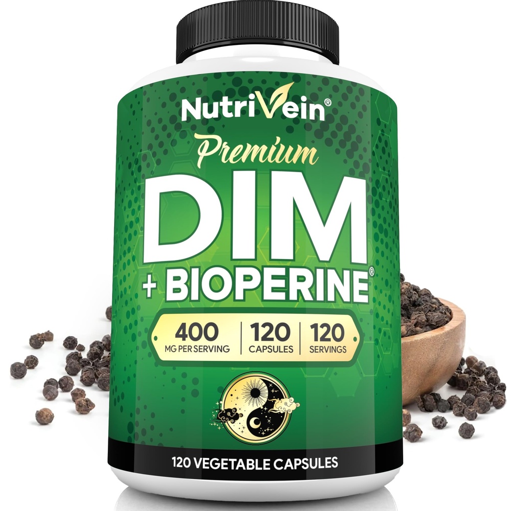 Nutrivein Premium DIM Supplement 400 mg Daily - 120 Servings (120 Capsules): Diindolylmethane for Women and Men - Plus Bioperine - Estrogen Supplement - Menopause and Middle Age Support